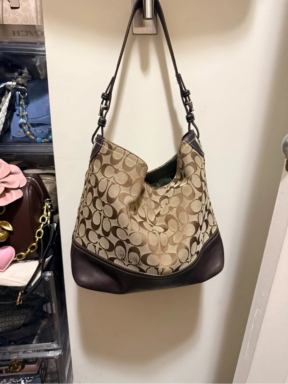 Vintage Authentic Coach Signature Canvas Shoulder Hobo with brown leather trim